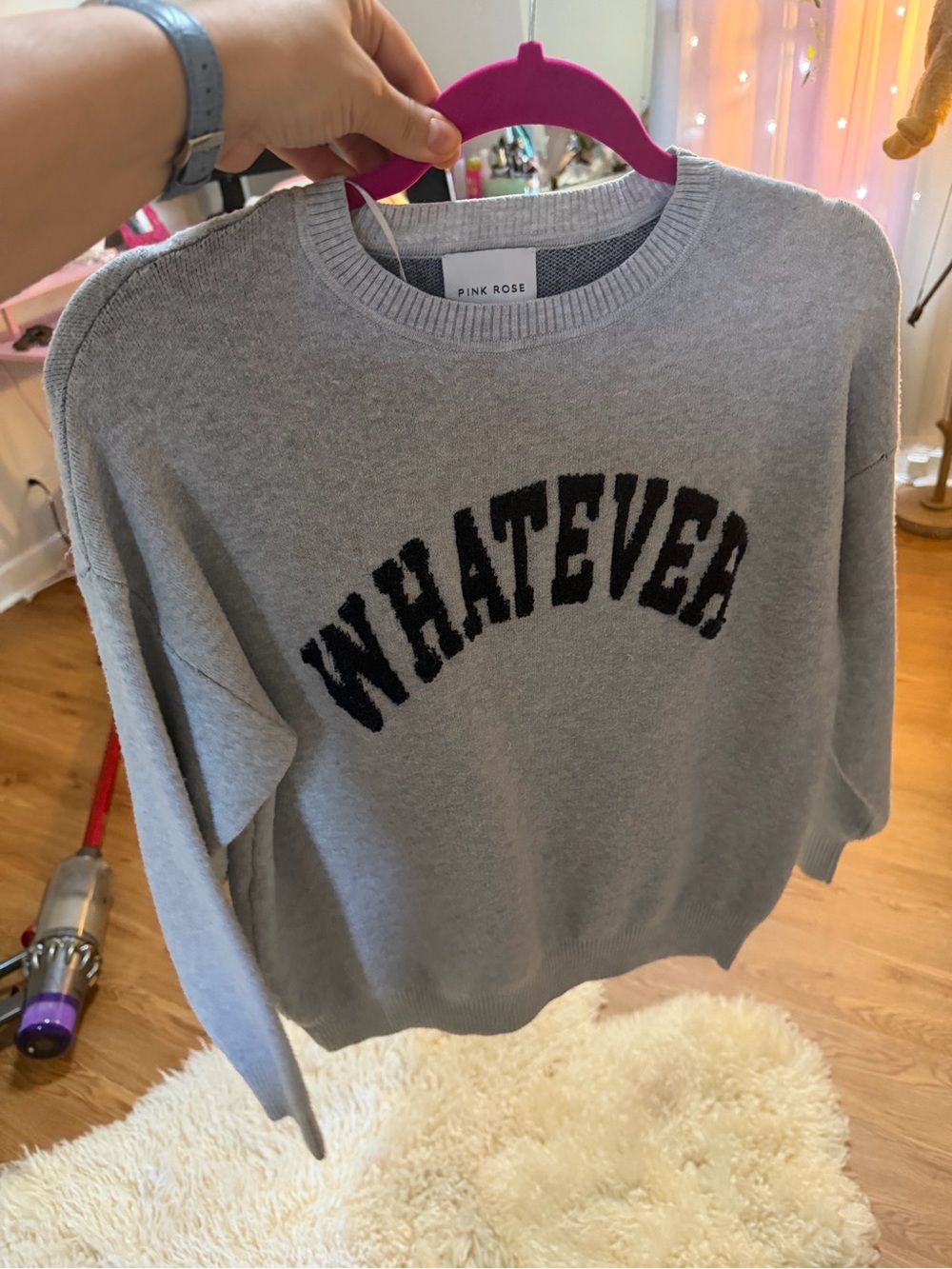 Pink Rose Gray 'WHATEVER' Crewneck Sweater